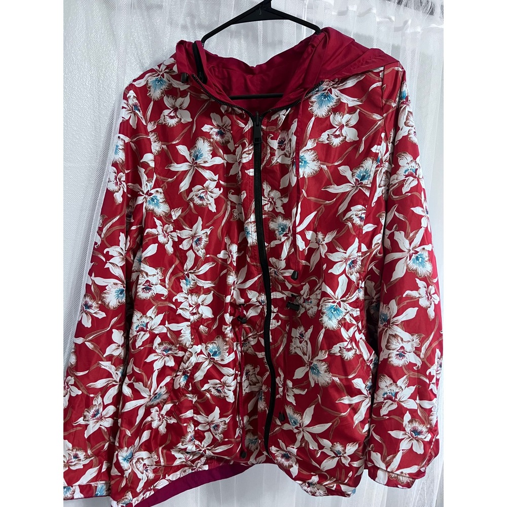 Womens Reversible‎ Floral Print Hooded Jacket Lightweight Windbreaker Red Pink